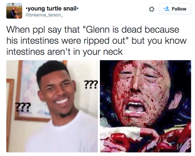Second, the intestinal organs being eaten by the walkers are DEFINITELY not Glenn's.